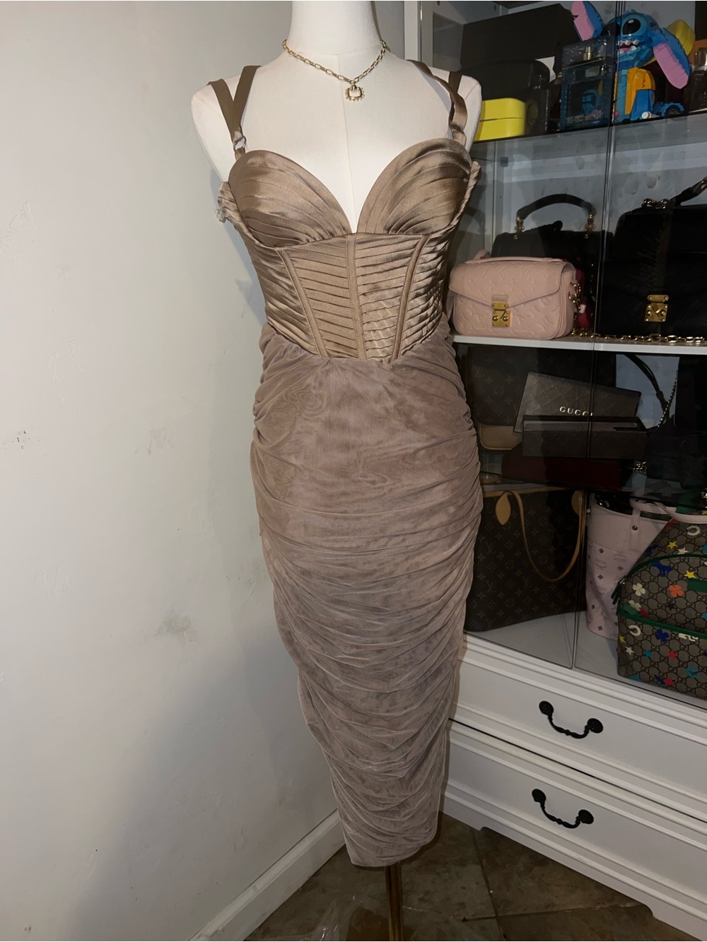 House of CB Taupe Ruched Bustier Midi Dress - Picture 5 of 5